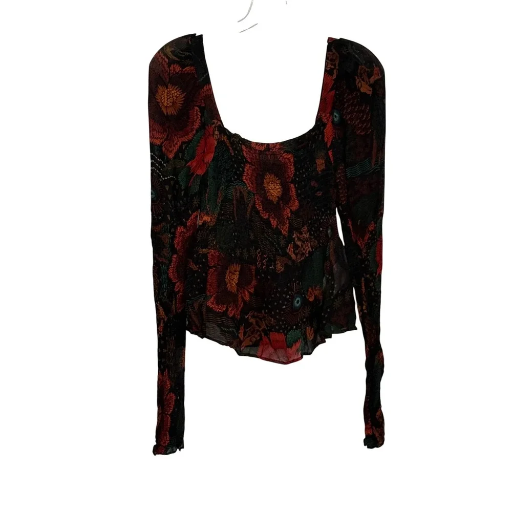 Farm Rio River Creatures Chiffon Blouse Smocked Top Floral Puff Sleeve - XSmall